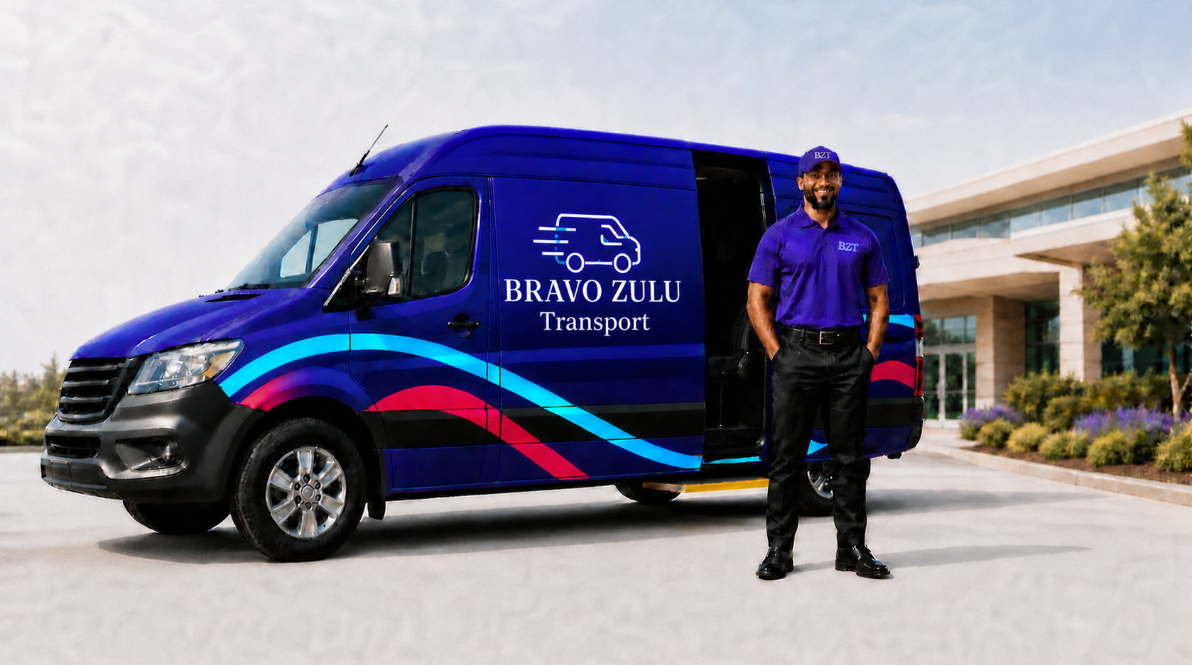 Bravo Zulu driver beside the branded vehicle and medical appointments scene